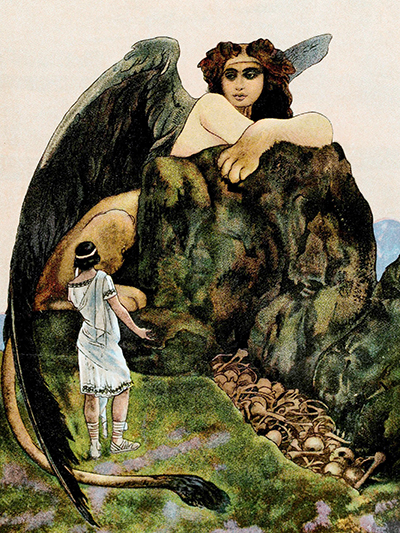 Illustration of Oedipus standing before the sphinx