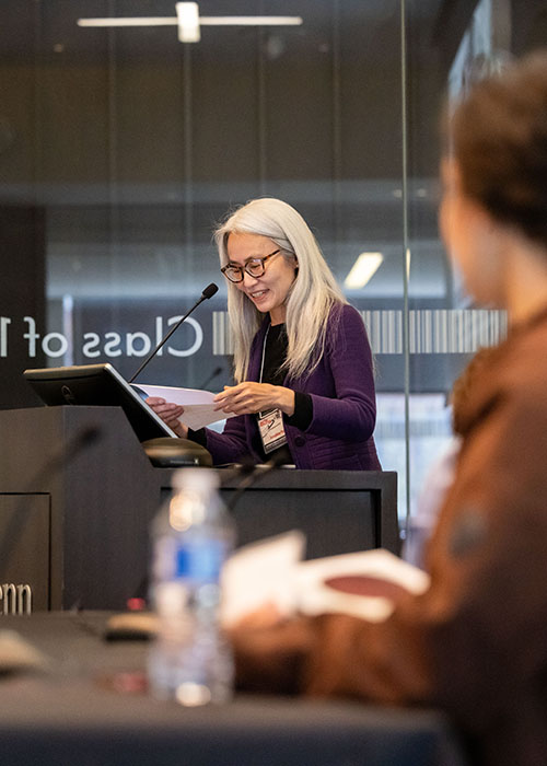 Professor Josephine Park at podium during Undergraduate Humanities Forum Research Conference