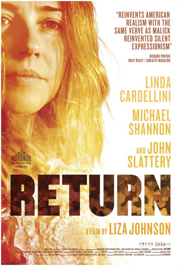 Film poster of Return (dir. Liza Johnson, 2011, 97 min.) Headshot of lead actress Linda Cardellini in orange and brown hues