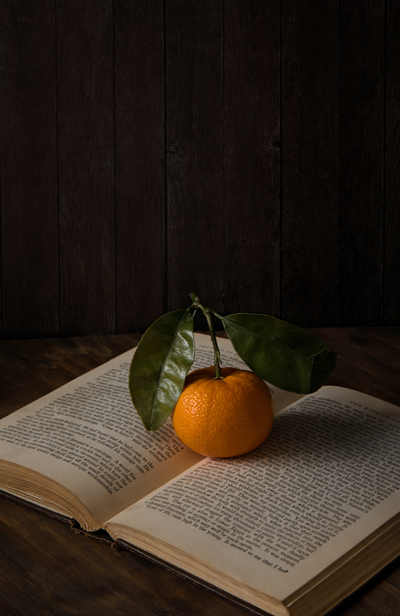 a tangerine sitting on an opened book 