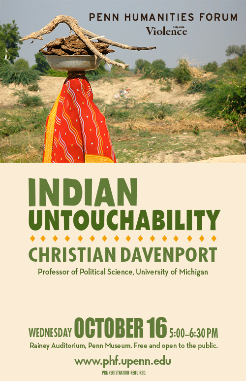 Event poster for Indian Untouchability with Christian Davenport. Woman in an orange sari carrying a bundle of sticks on her head