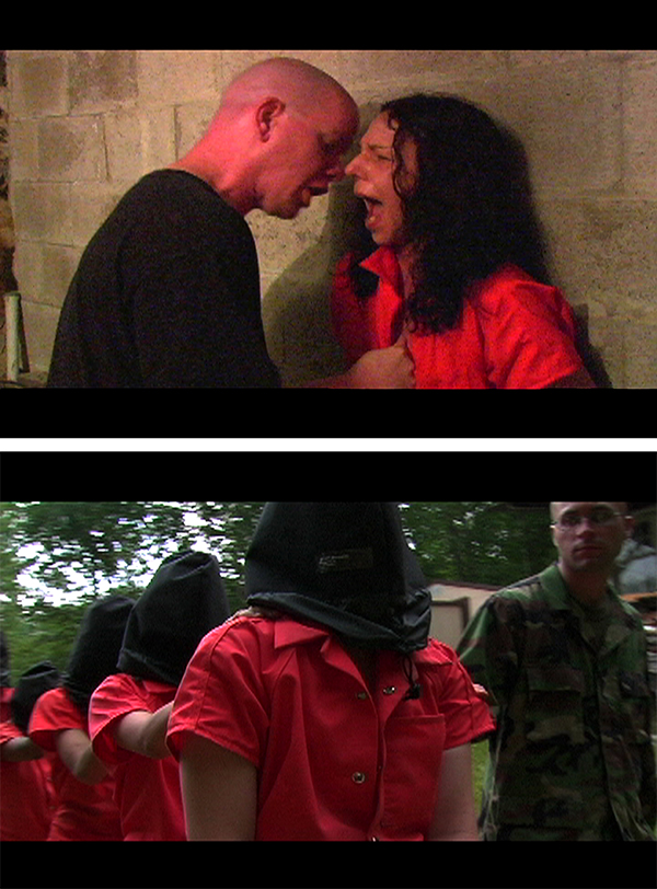 Film still from Operation Atropos. Women in orange jump suits with black hoods over their heads. Man intimidating woman in orange jumpsuit.
