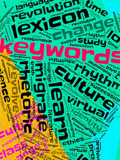 colorful word cloud composed of humanities research topics, with "keywords" as the focal point