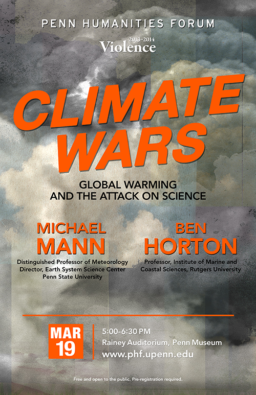 Orange text on background of pollution clouds. Climate Wars Global Warming and the Attack on Science with Michael Mann and Ben Horton