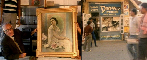 Man holding a paining with a woman on it