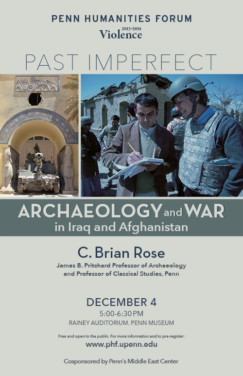 Green-grey background with green text: Past Imperfect Archaeology and War in Iraq and Afghanistan C. Brian Rose. Image of man in military uniform speaking to man taking notes.