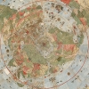 16th century map of world with North Pole at center. Painted in pale blue, green, and red.