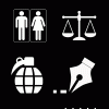 White icons of handcuffs, gun target, man and woman, legal scales, hand grenade, pen nib, radioactive sign, person behind bars