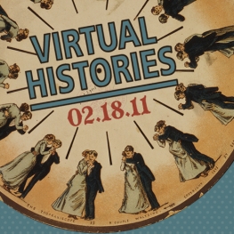 An old time clock with cartoon of couple dancing at every number, Text "Virtual Histories"