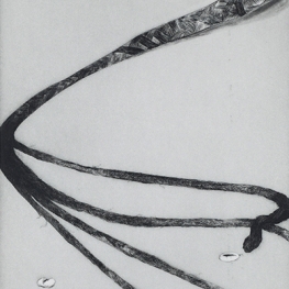 Event poster for Violence in Contemporary Art with artist Kara Walker. Image of a whip from the piece dread from An Unpeopled Land in Uncharted Waters, 2010. Etching with aquatint, sugar-lift, spit-bite and dry-point on paper