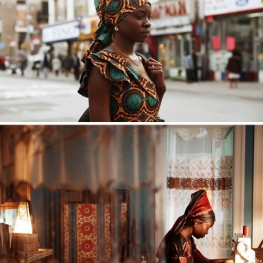 Young Nigerian Women Crossing Street and Sewing