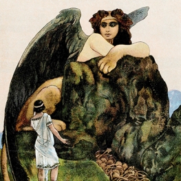 Illustration of Oedipus standing before the sphinx