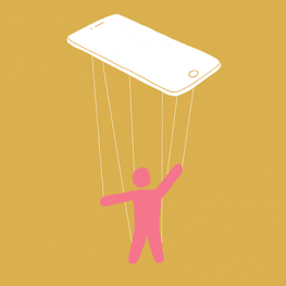 Illustration of a person attached to a cell phone like a marionette
