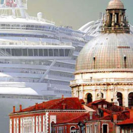 Film still from The Venice Syndrome image of an antiquated, domed building with a cruise ship behind it