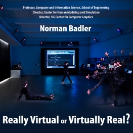 Dark blue background with White Woman with virtual reality point suit on, Text "Real virtual or virtually real"