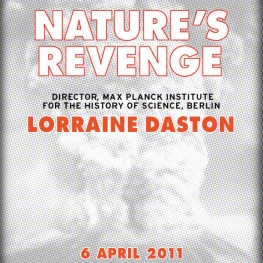 Black and white textured image of volcano erupting, with red text overlayed "Nature's Revenge" 