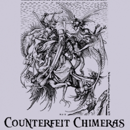 Purple background with picture of 16th century folk imagery; Text "Counterfeit Chimeras"