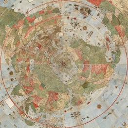 16th century map of world with North Pole at center. Painted in pale blue, green, and red.