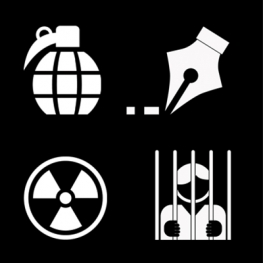 White icons of hand grenade, pen nib, radioactive sign, person behind bars