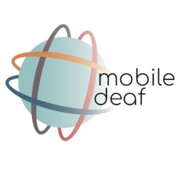 Mobile deaf logo with round teal sphere criss crossed by 2 vertical lines and 2 horizontal lines.
