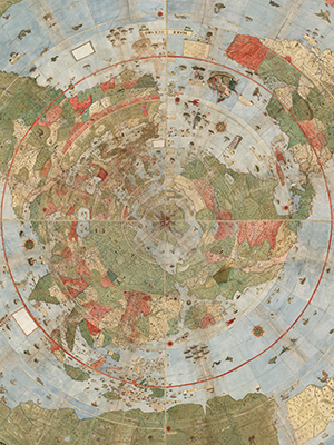 16th century map of world with North Pole at center. Painted in pale blue, green, and red.