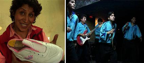 Film still from Vivir La Chicha. Woman holding a sneaker on the left. Band of musicians on the right. 